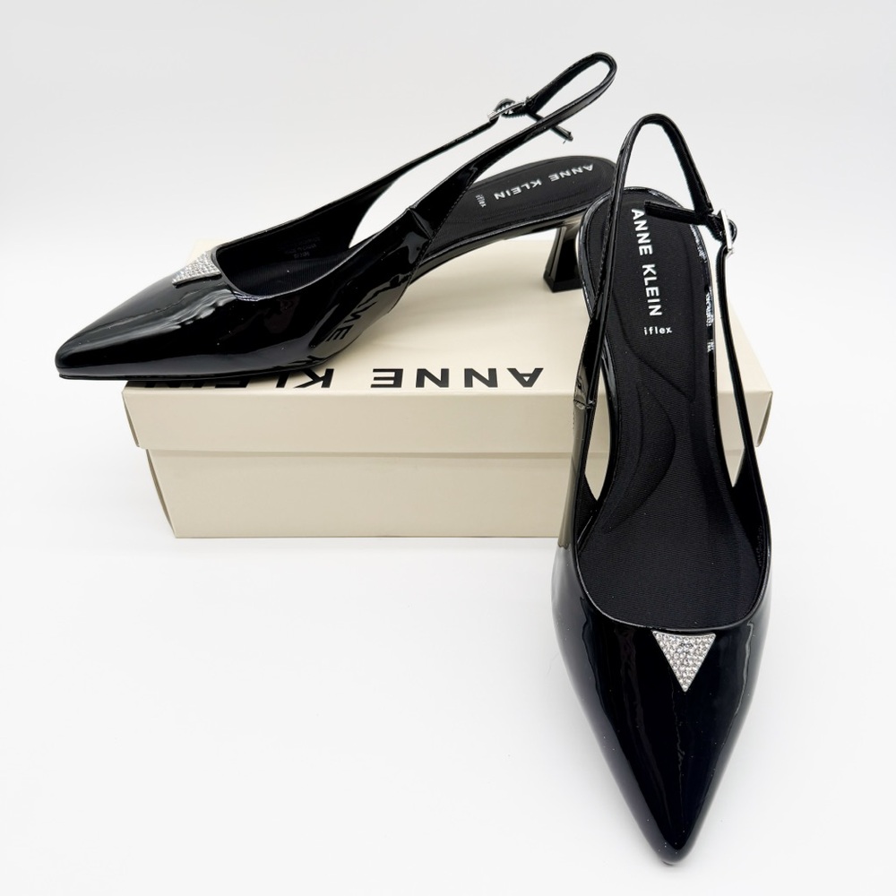 Anne Klein Iset Slingback Pointed Toe Kitten Heel Pumps Patent Black 11 NEW - Picture 3 of 15
